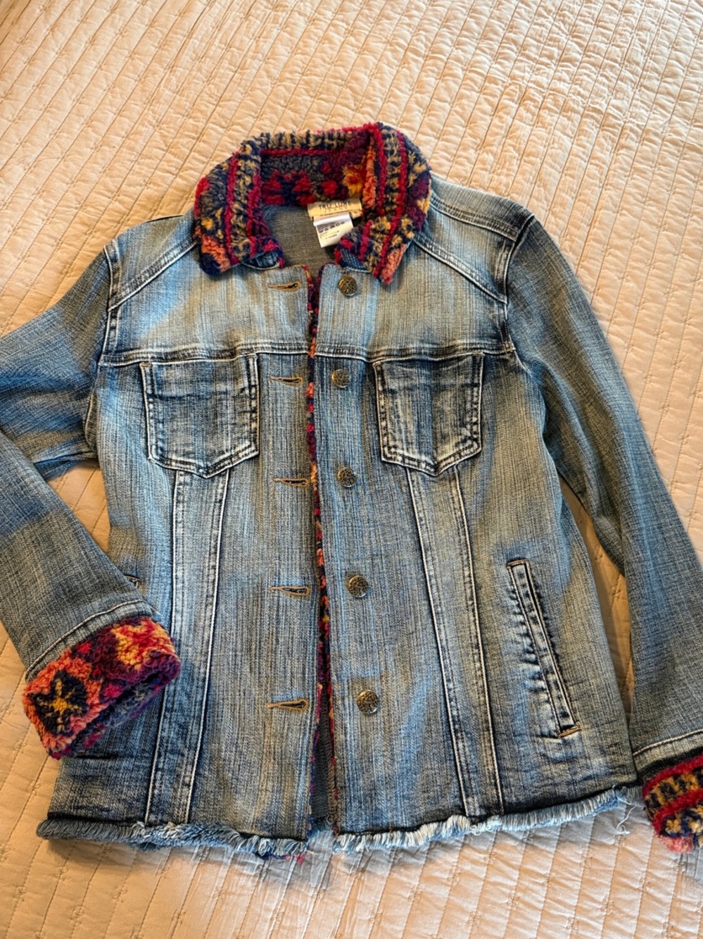 Tru Luxe Jeans Light Blue Denim Jacket with Multicolor Knit Trim